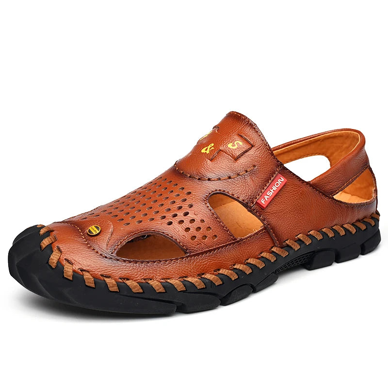 2024 Men Genuine Leather Shoes Men's Sandals Durable Handmade Stitching Close Toe Non Slip Shoes For Indoor Outdoor Beach