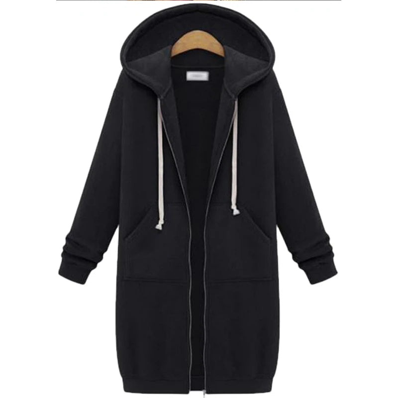 Autumn Winter Solid Color Thicken Hoodies Women Fashion Korean Style Zipper Long Sleeved Hooded Sweatshirt Office Ladies Tops