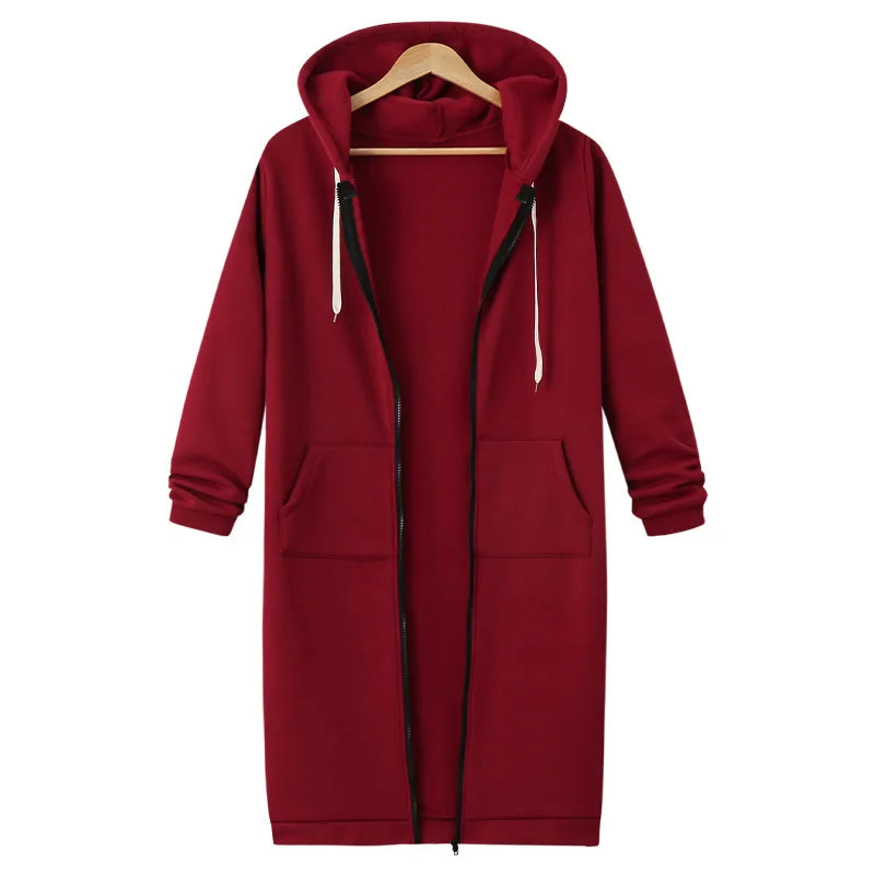 Autumn Winter Solid Color Thicken Hoodies Women Fashion Korean Style Zipper Long Sleeved Hooded Sweatshirt Office Ladies Tops