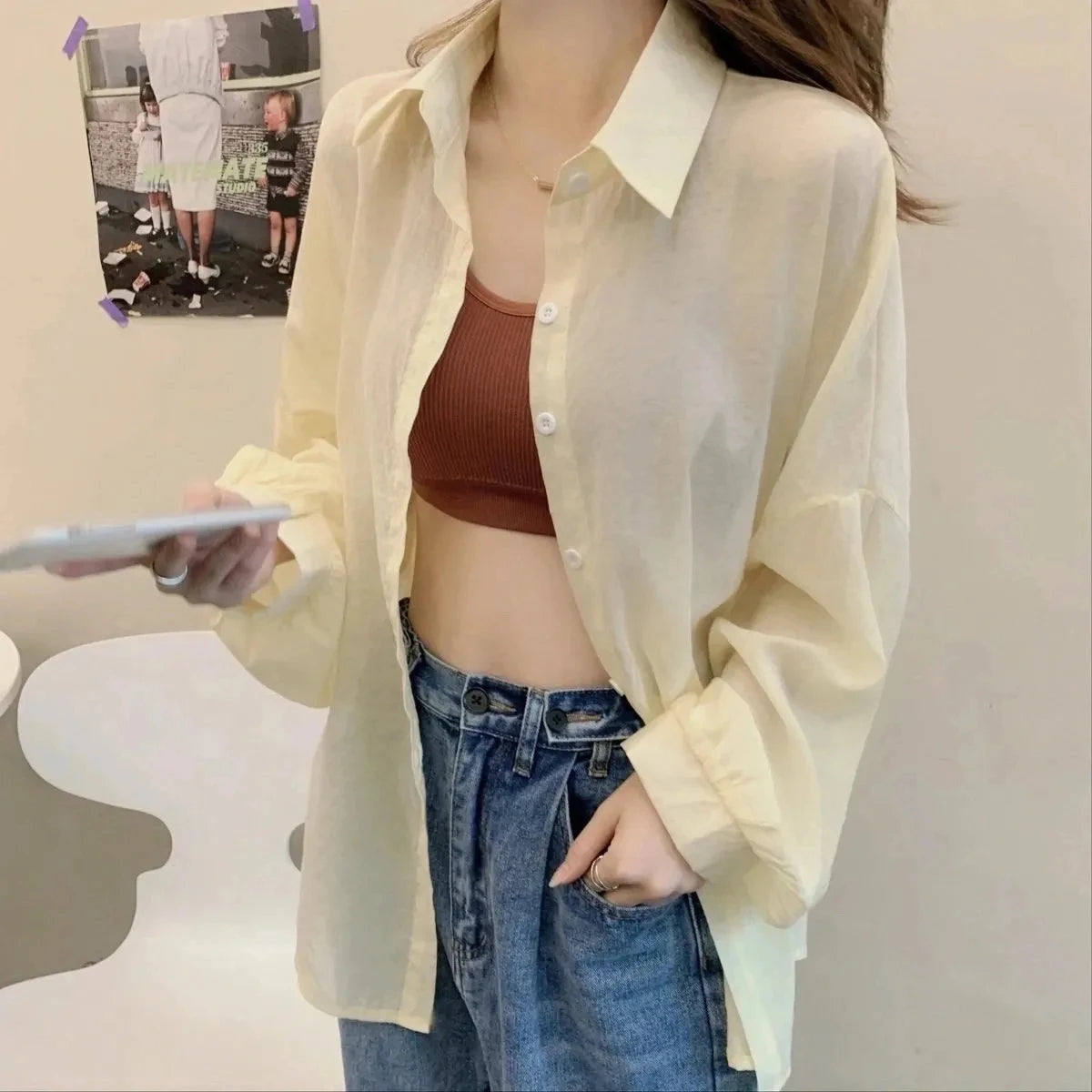 2023 Shirt for Women Blouse Long Sleeve Female Chiffon Loose Tops Summer Cardigan Thin Sexy Solid Color Casual Shirts