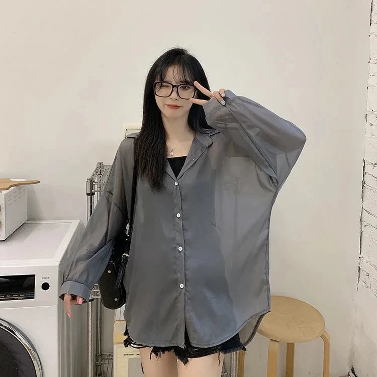 2023 Shirt for Women Blouse Long Sleeve Female Chiffon Loose Tops Summer Cardigan Thin Sexy Solid Color Casual Shirts