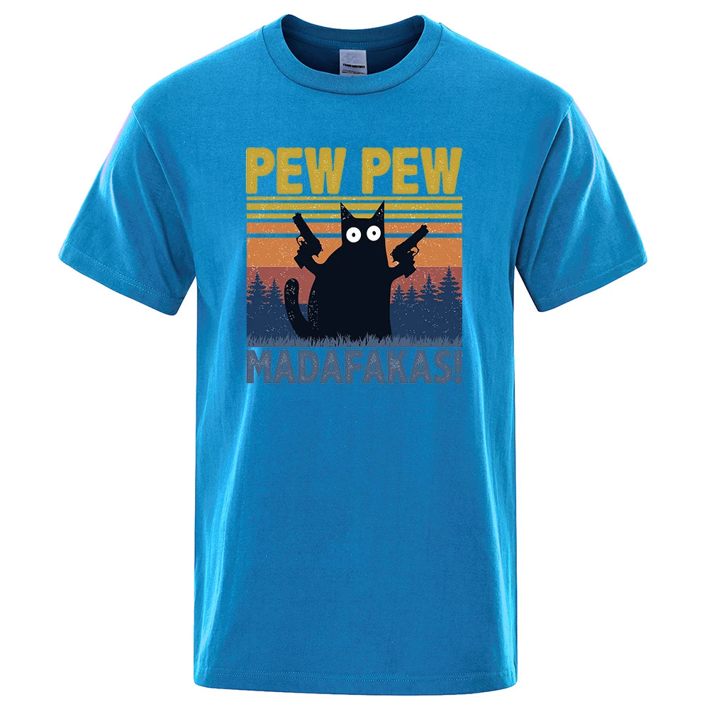 Pew Pew Madafakas Tshirt Men Short Sleeve Novelty Funny Cat T Shirt Cotton Oversize Tops Shirts Tee T-Shirt Crew Neck Streetwear