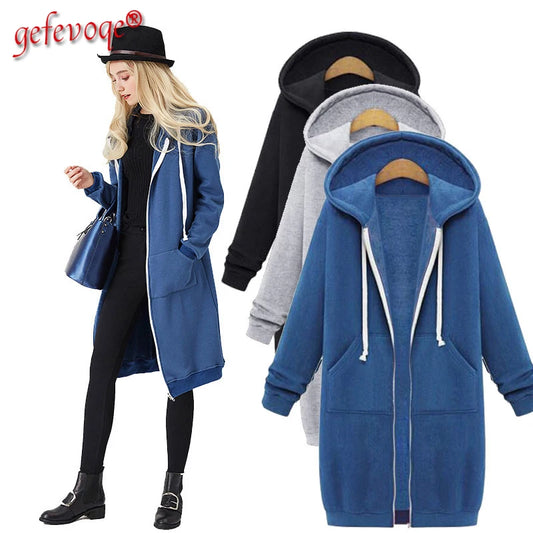 Autumn Winter Solid Color Thicken Hoodies Women Fashion Korean Style Zipper Long Sleeved Hooded Sweatshirt Office Ladies Tops