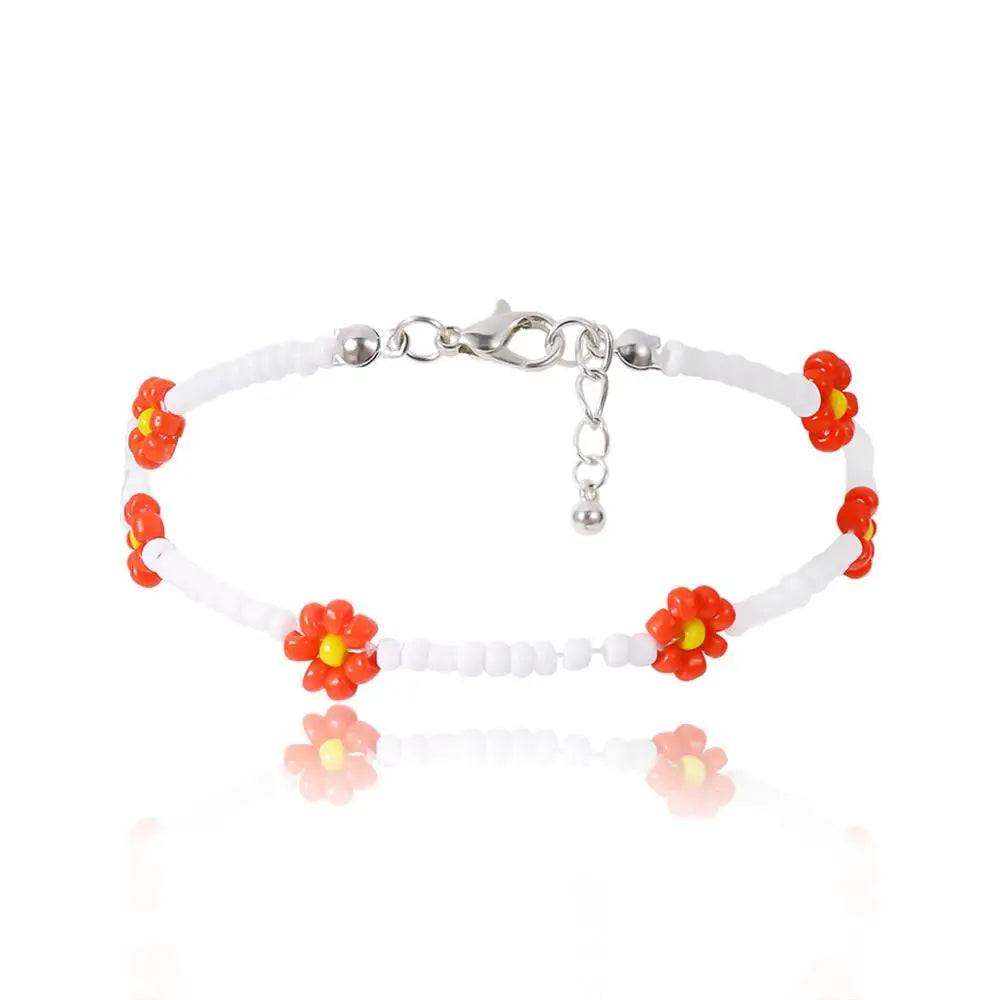 Salircon Kpop Flower Anklet Bracelet Women 2020 Fashion Colorful Seed Beads Chain Charm Bracelet On The Leg Boho Jewelry