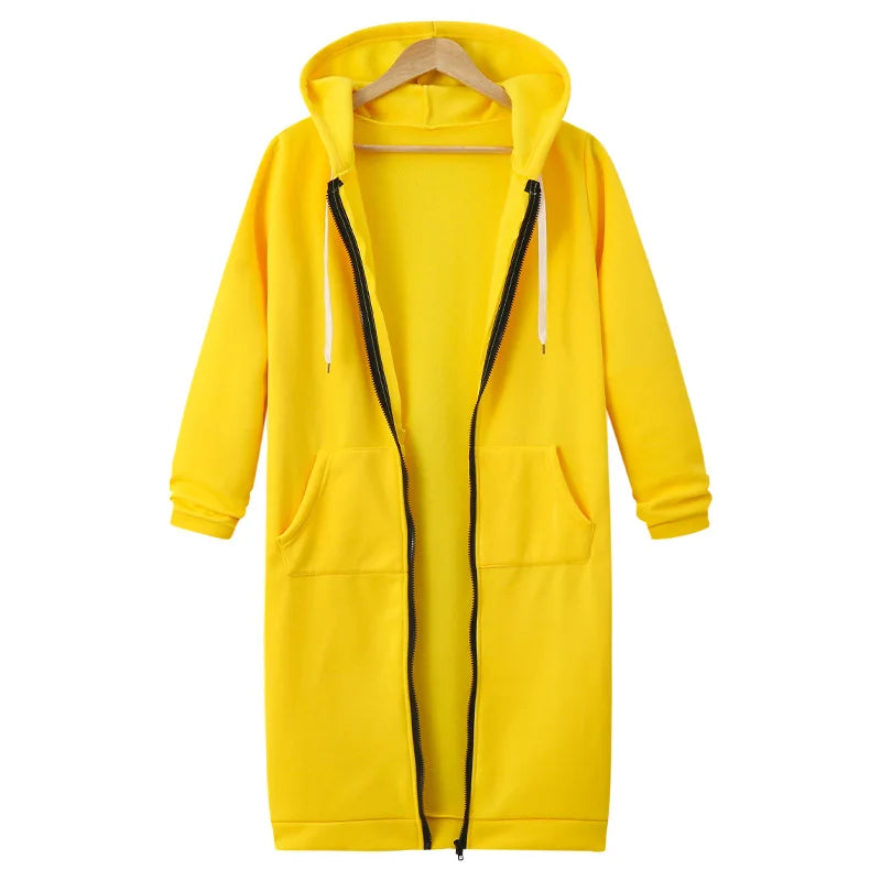 Autumn Winter Solid Color Thicken Hoodies Women Fashion Korean Style Zipper Long Sleeved Hooded Sweatshirt Office Ladies Tops