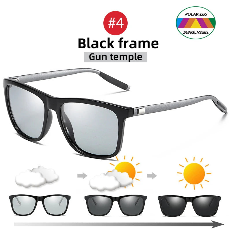 VIVIBEE Color Change Grey Frame Photochromic Polarized Sunglasses Men Square Classic Chameleon Glaases Transition Lens Eyewear