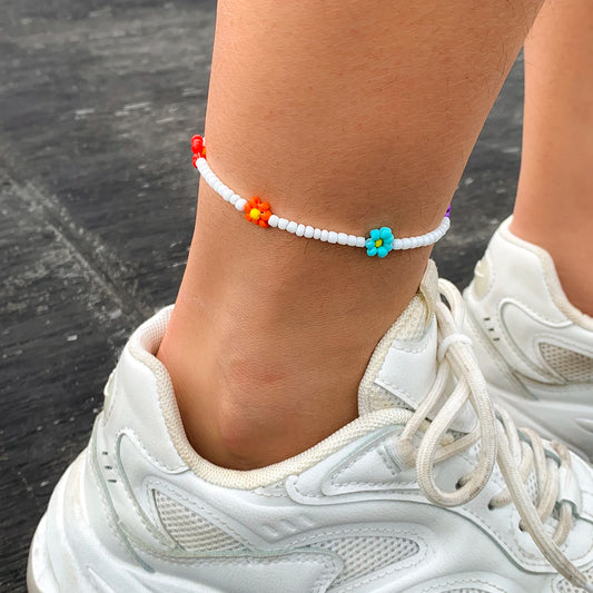 Salircon Kpop Flower Anklet Bracelet Women 2020 Fashion Colorful Seed Beads Chain Charm Bracelet On The Leg Boho Jewelry