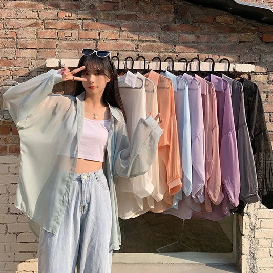 2023 Shirt for Women Blouse Long Sleeve Female Chiffon Loose Tops Summer Cardigan Thin Sexy Solid Color Casual Shirts