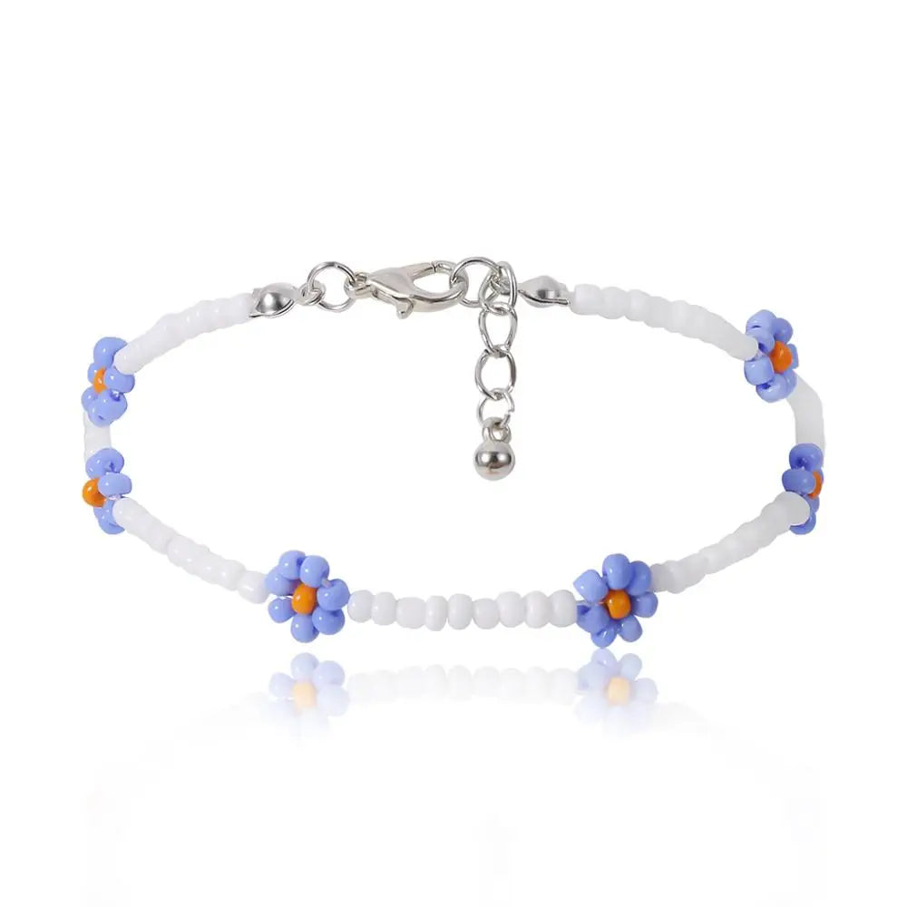 Salircon Kpop Flower Anklet Bracelet Women 2020 Fashion Colorful Seed Beads Chain Charm Bracelet On The Leg Boho Jewelry