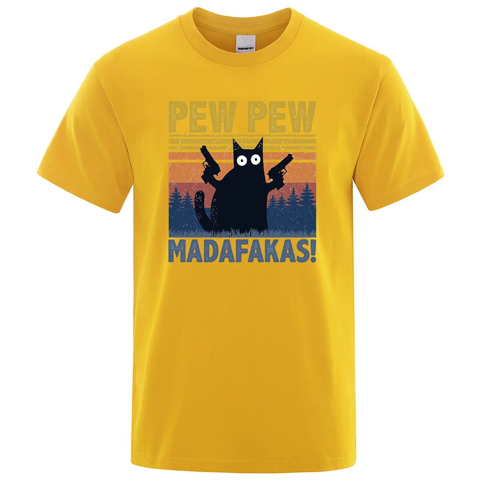 Pew Pew Madafakas Tshirt Men Short Sleeve Novelty Funny Cat T Shirt Cotton Oversize Tops Shirts Tee T-Shirt Crew Neck Streetwear