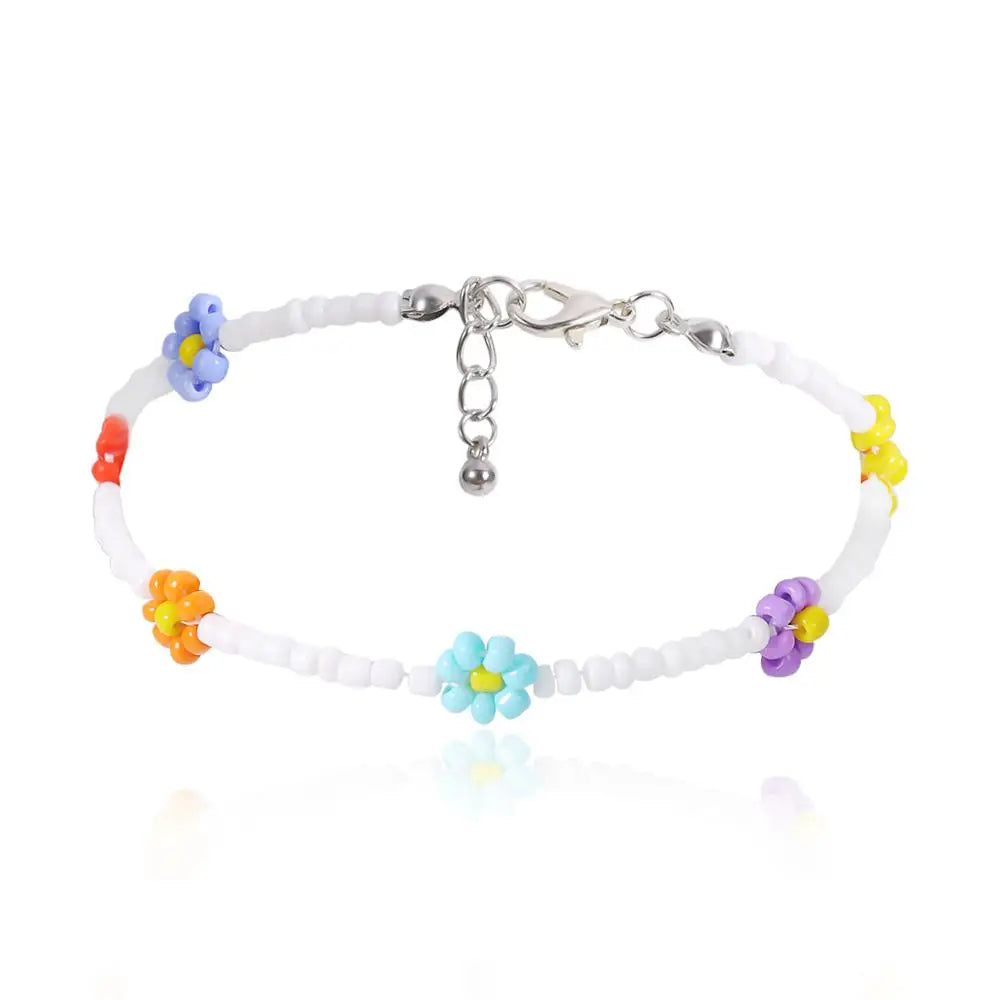 Salircon Kpop Flower Anklet Bracelet Women 2020 Fashion Colorful Seed Beads Chain Charm Bracelet On The Leg Boho Jewelry