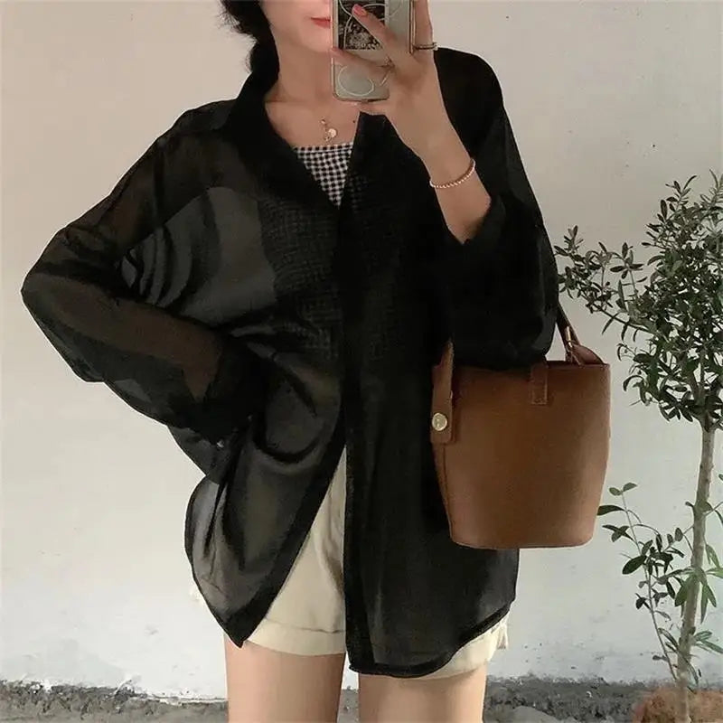 2023 Shirt for Women Blouse Long Sleeve Female Chiffon Loose Tops Summer Cardigan Thin Sexy Solid Color Casual Shirts