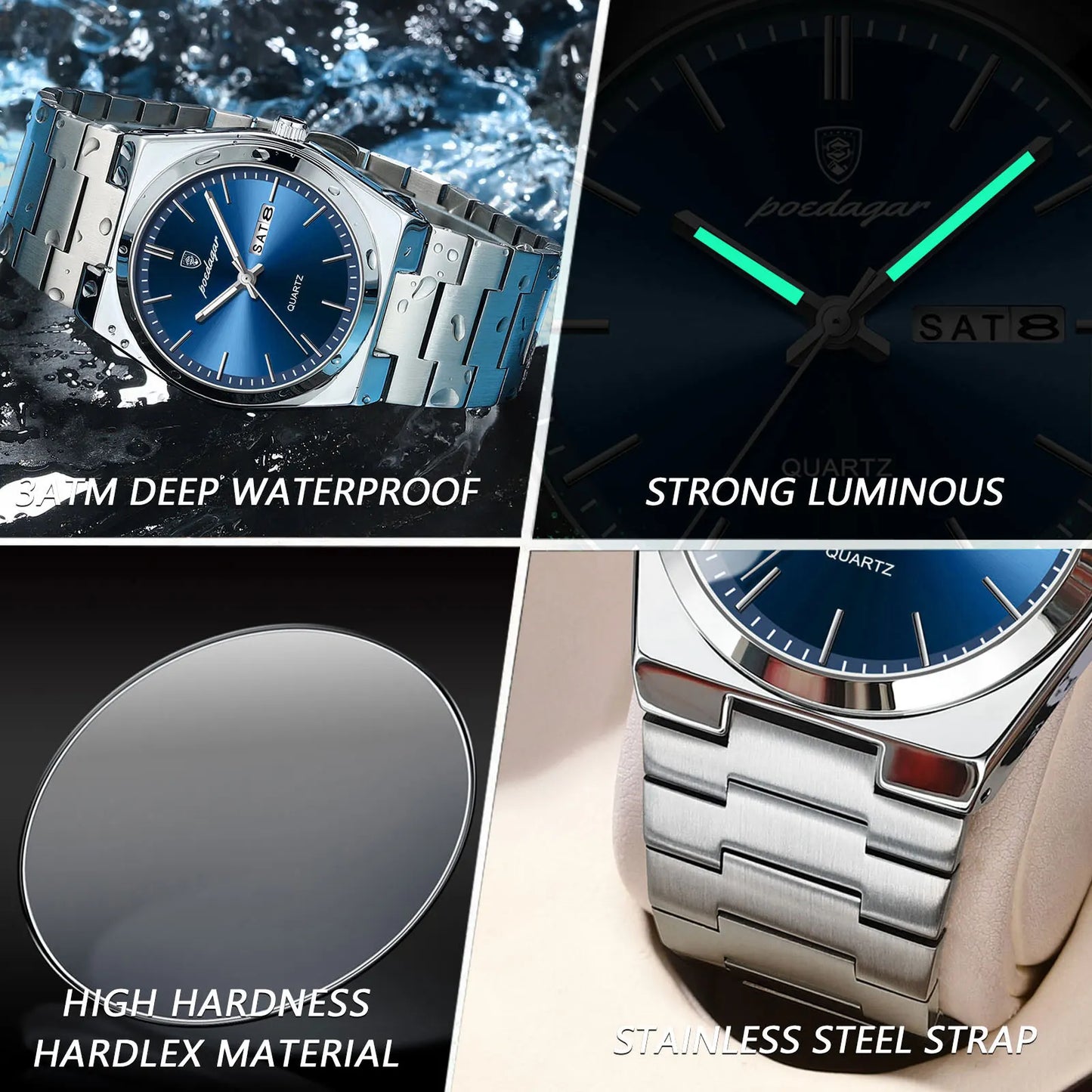 POEDAGAR Luxury Business Watches For Men Date Week Stainless Steel Waterproof Luminous Man Watch High Quality Quartz Men's Watch