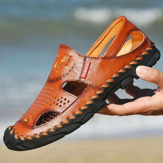 2024 Men Genuine Leather Shoes Men's Sandals Durable Handmade Stitching Close Toe Non Slip Shoes For Indoor Outdoor Beach