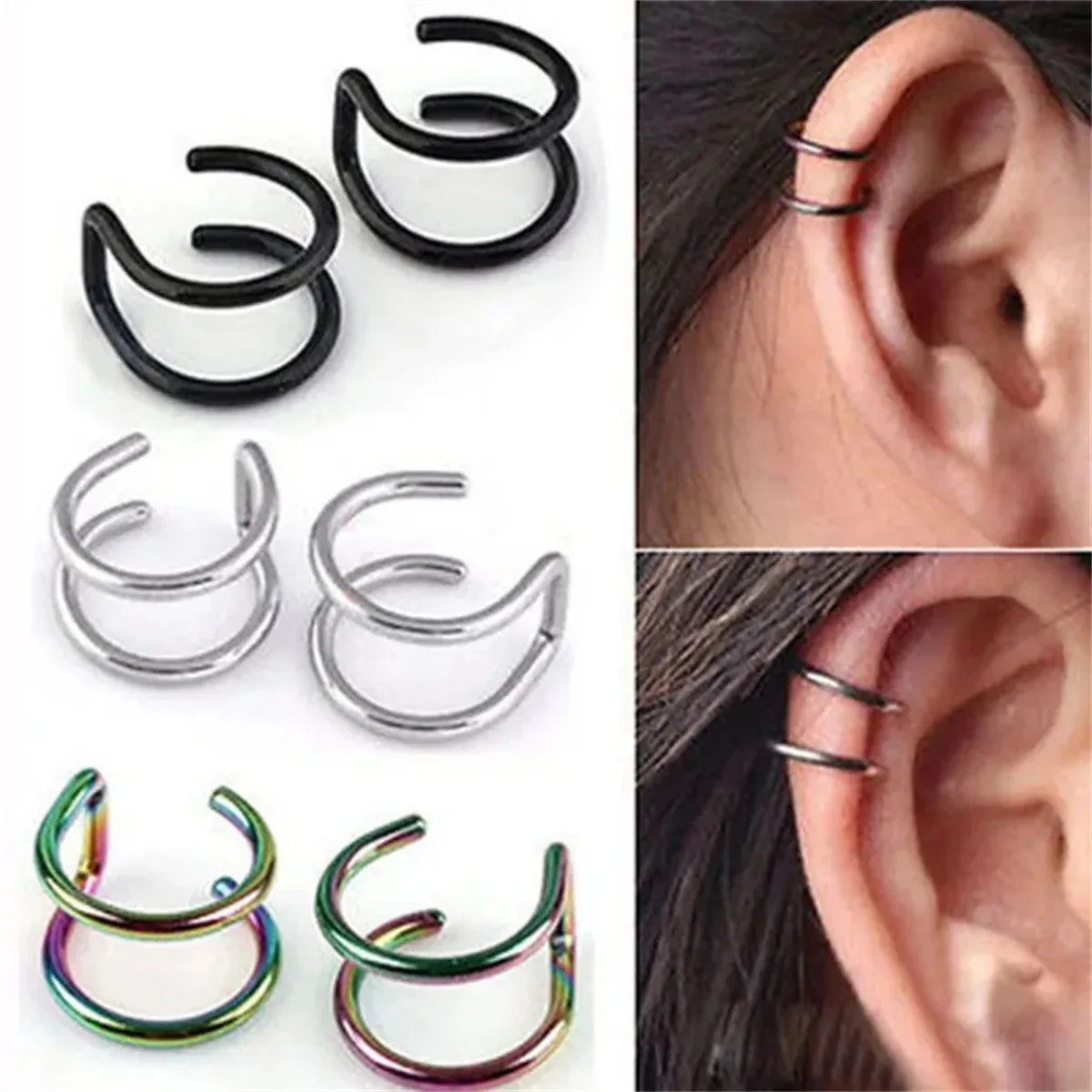 2pcs 316L Stainless Steel Fake Ear Piercing Jewelry for Women Men, Clip on Ear Cuffs Fake Lip Ring Non Piercing Labret Rings