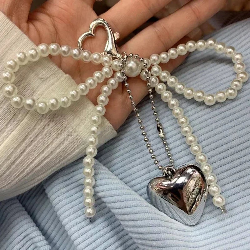 White Bowknot Heart Keychain Women Sweet Charm Pearl Bow Backpack Key Ring Handmade Jewelry Ornament Bags Pendants Gifts