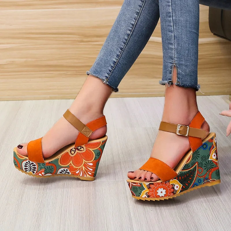 Shoes for Women Summer Wedge Sandals Retro Ethnic Printing Platform Shoes Ladies Casual Ankle Comfortable Sandalias De Mujer