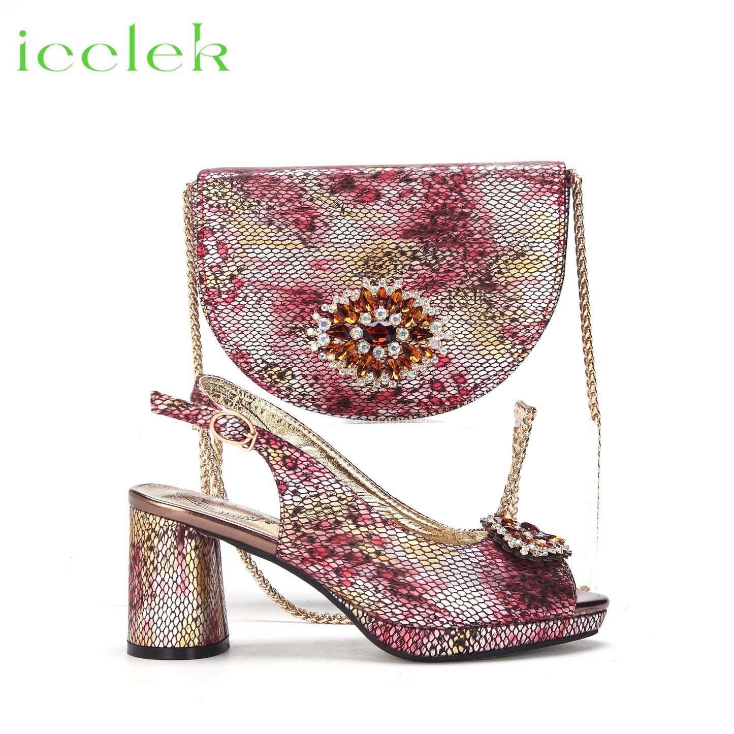 2024 Hot Selling INS Peep Toe Luxury Style  Sandal with Bag Set in Fuchsia Color For Wedding Party Women