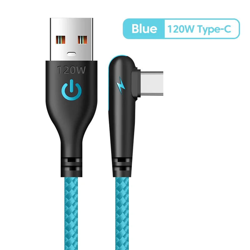 120W USB C Cable For OPPO Fast Charging 90 Degree Cord For Samsung S21 xiaomi 14 iPhone15 Quick Charging Data Wire Charger Cable