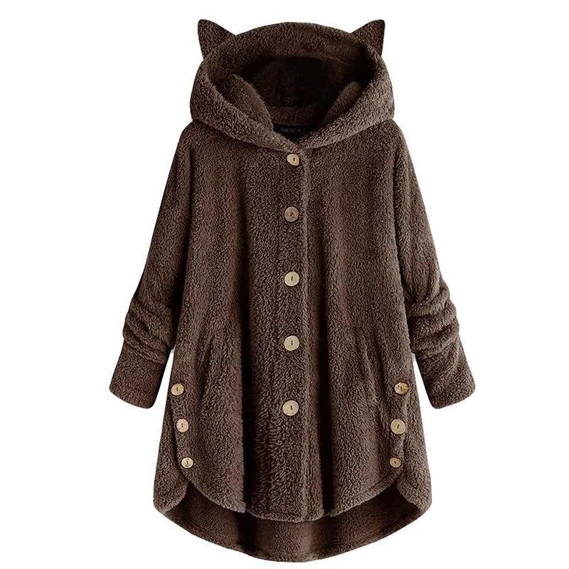 Button Hooded Cat Ear Plush Top Irregular Trendy Brand Solid Color Jacket for Women Feather Coats Parkas Women's Coat Winter Fur