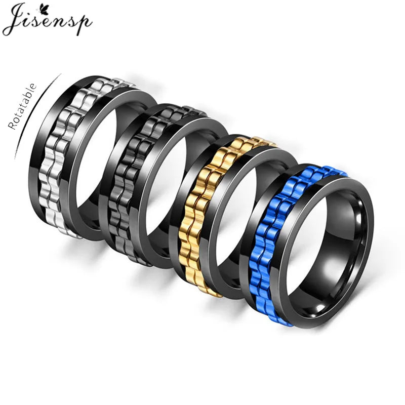 Anti Stress Rotatable Gear Chain Stainless Steel Ring for Men Punk Black Anxiety Spinner Fidget Rings Rock Biker Jewelry Gifts