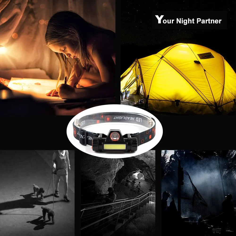 Rechargeable Fishing LED Headlamp Camping Headlight XPE COB Work Light 2 Lighting Modes With Tail Magnet Detachable