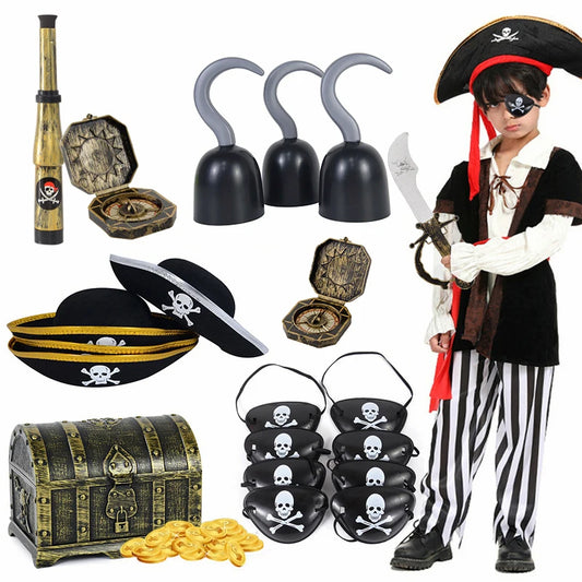 Pirate Captain Cosplay Costume Props Set Pirate Hat Hook Hand Flag Compass Telescope Eye Patch Halloween Theme Party Decorations