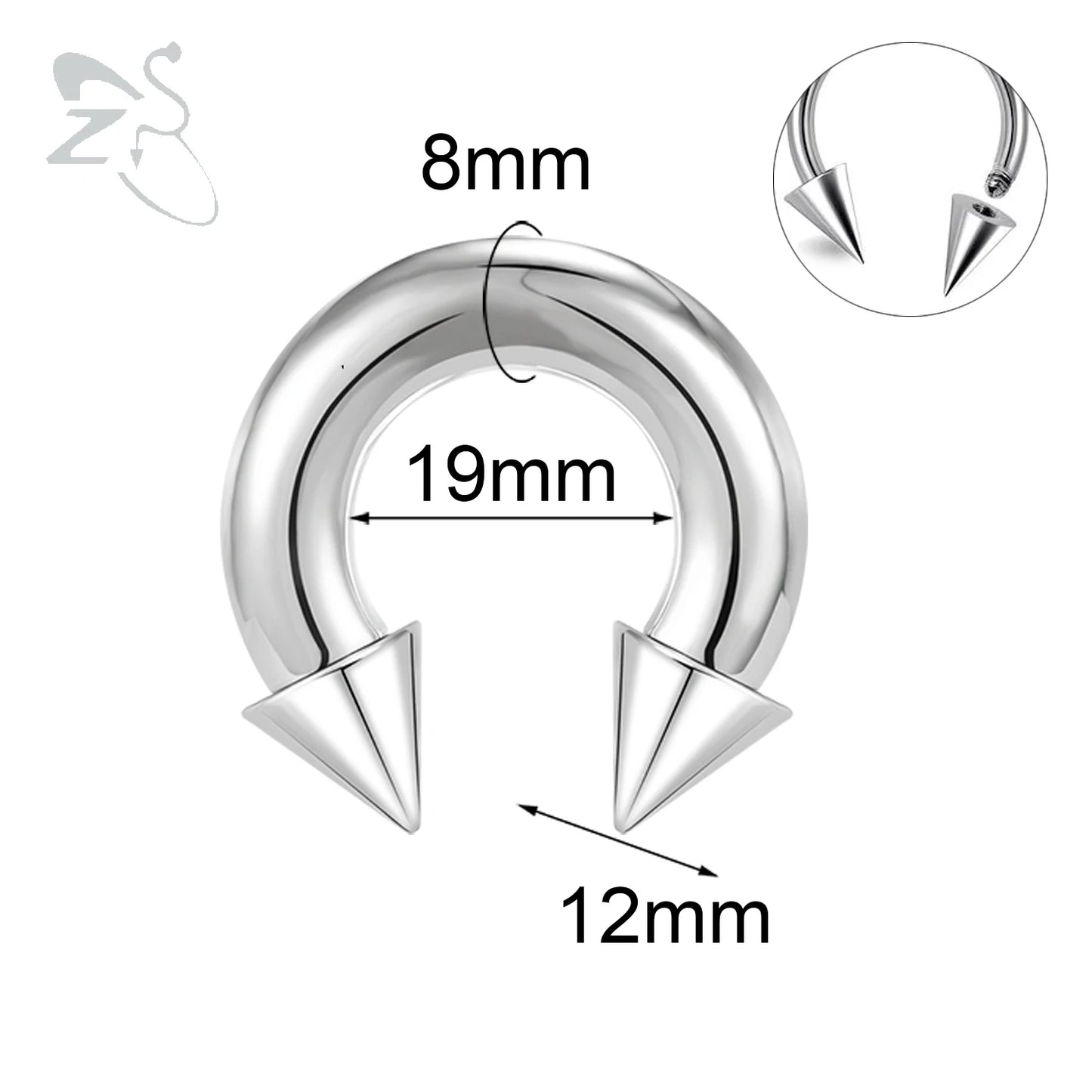 ZS 1PC 2/4/6/8G  Spike Horseshoe Nose Ring Stainelss Steel Cone Large Gauge Piercings Internal Threaded Septum Nose Ear Expander