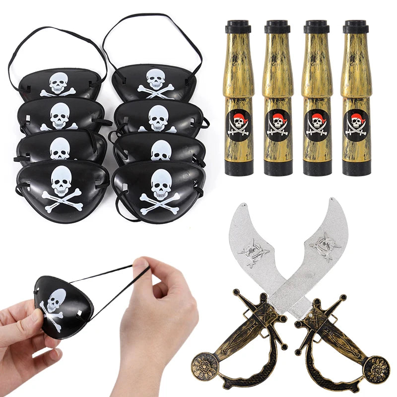 Pirate Captain Cosplay Costume Props Set Pirate Hat Hook Hand Flag Compass Telescope Eye Patch Halloween Theme Party Decorations