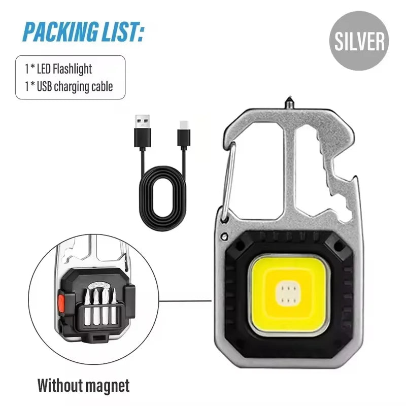 Work Light Mini LED COB Keychain USB Rechargeable Pocket Flashlight Outdoor Camping Fish Torch with Window Hammer Bottle