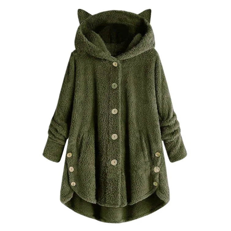 Button Hooded Cat Ear Plush Top Irregular Trendy Brand Solid Color Jacket for Women Feather Coats Parkas Women's Coat Winter Fur