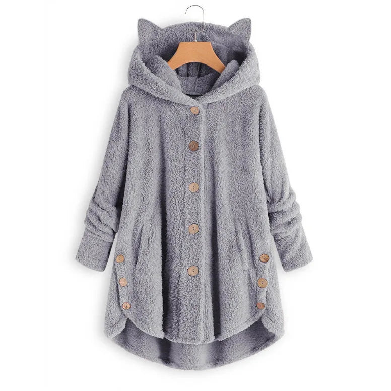 Button Hooded Cat Ear Plush Top Irregular Trendy Brand Solid Color Jacket for Women Feather Coats Parkas Women's Coat Winter Fur