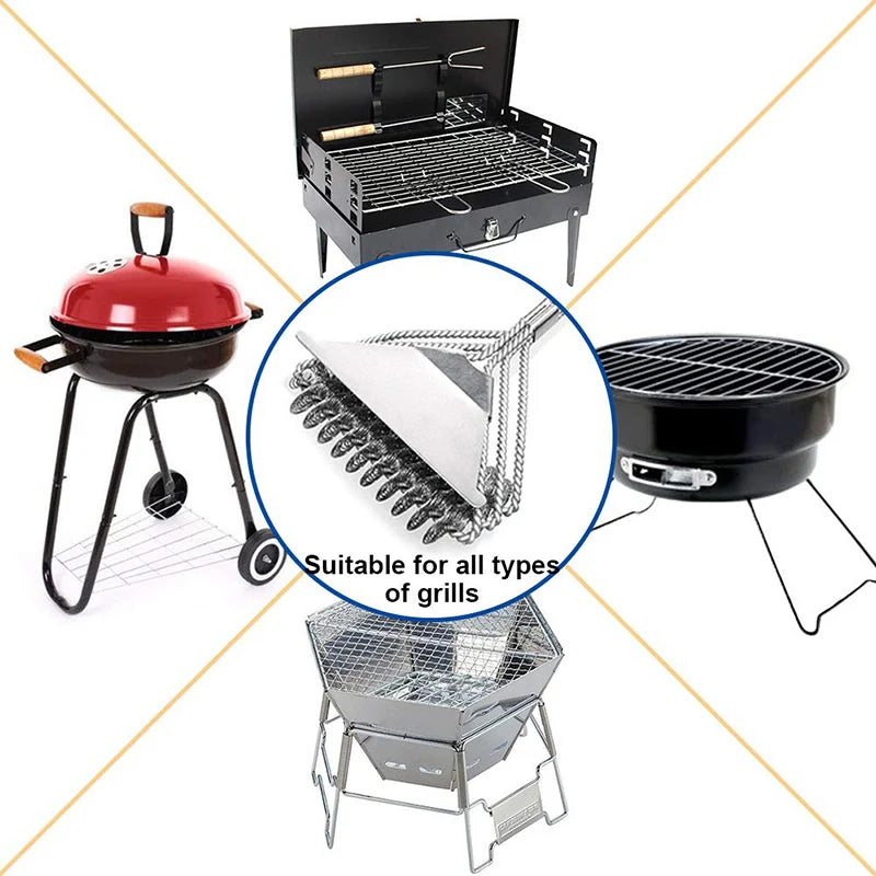 BBQ Grill Brush and Scraper Barbecue Kit Cleaning Brush Stainless Steel Tools Wire Bristles Triangle Kitchen Accessories