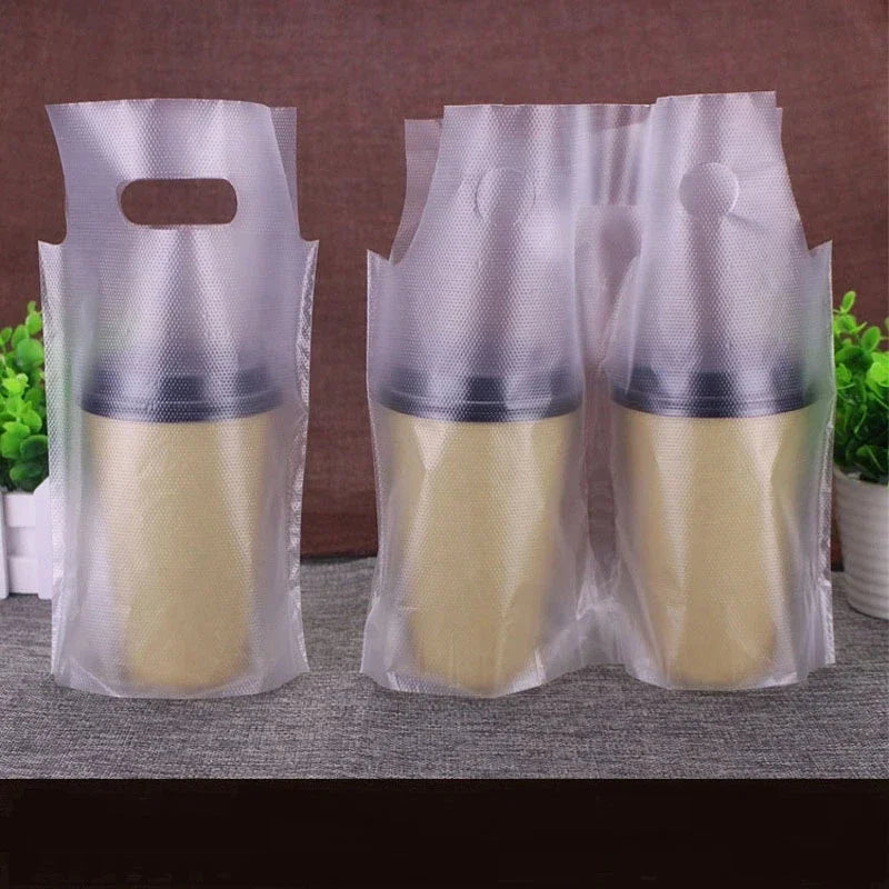 100pcs Handle Bags Coffee Bag Transparent Tote Packaging Pocket Single Double Cup Plastic Shopping Bags Cokes Tea Drink Pouches