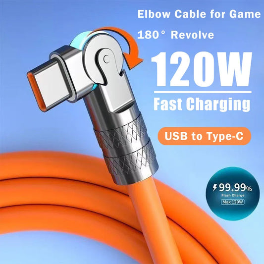 120W 7A fast charging USB Type-C cable with 180 degree rotating elbow game cable suitable for mobile phone charger USB C cable