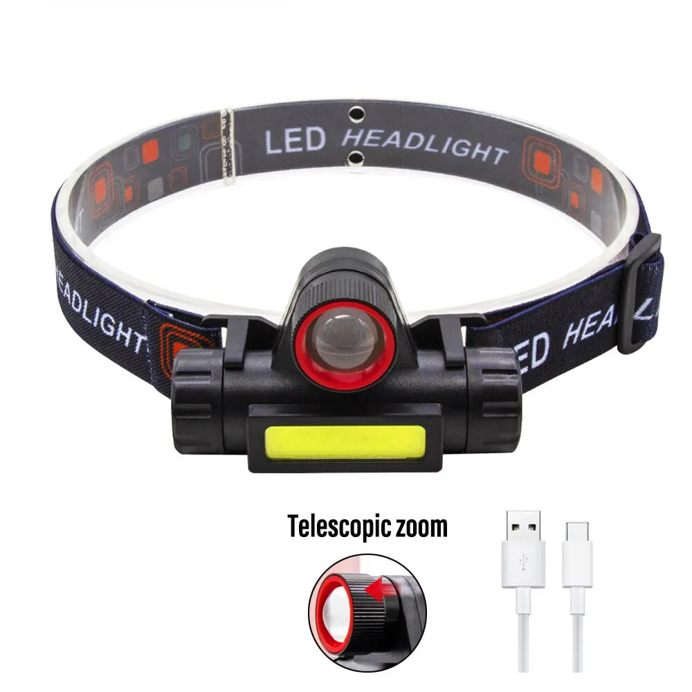 Rechargeable Fishing LED Headlamp Camping Headlight XPE COB Work Light 2 Lighting Modes With Tail Magnet Detachable