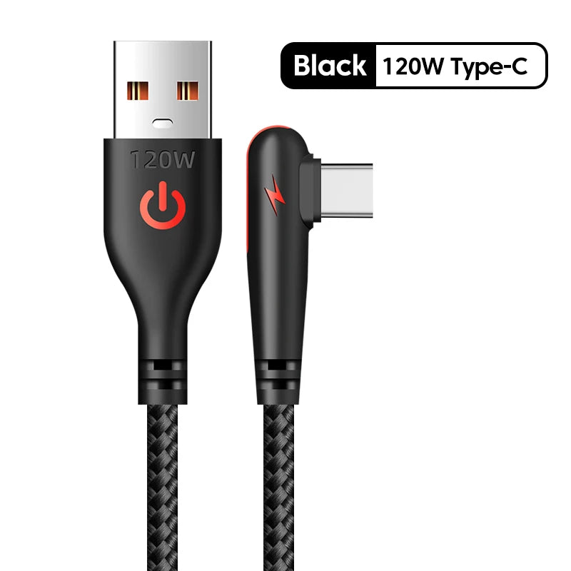 120W USB C Cable For OPPO Fast Charging 90 Degree Cord For Samsung S21 xiaomi 14 iPhone15 Quick Charging Data Wire Charger Cable