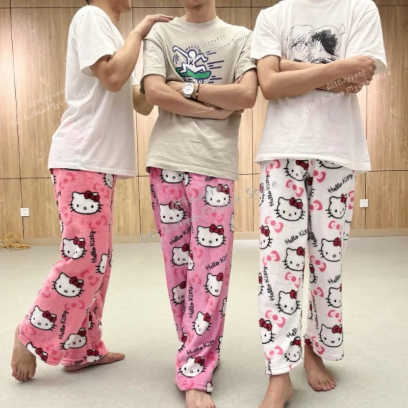 Sanrio Hello Kitty Pajamas Black Anime Flannel Women Warm Woolen Whitecartoon Casual Home Pants Autumn Fashion Trousers Gifts