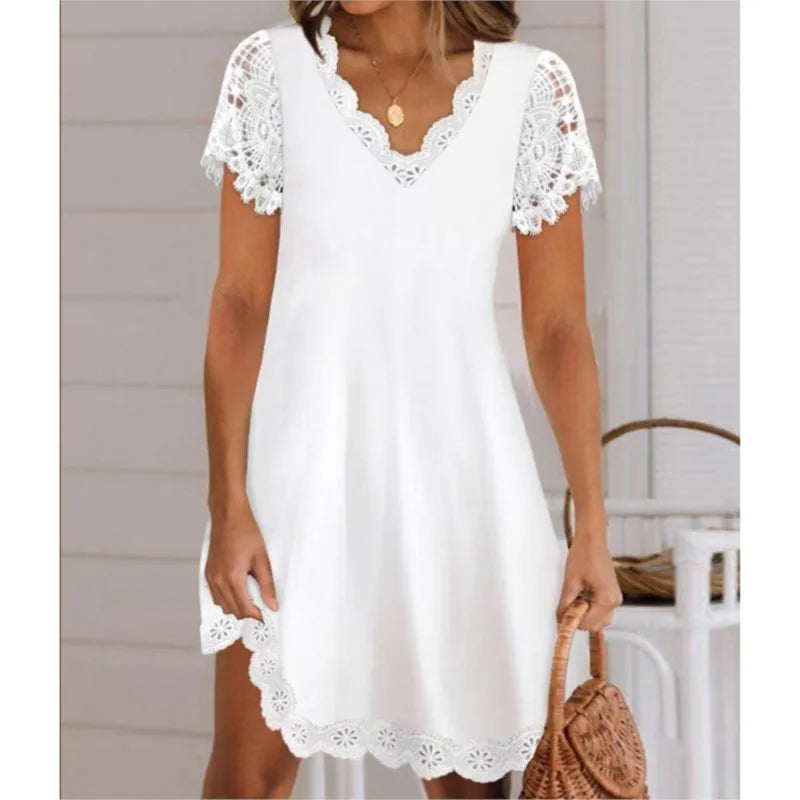 Summer New Solid Color Lace Short Sleeved V-neck Women's Dress Elegant White Loose Fitting A-line Dress Vestidos De Mujer Casual