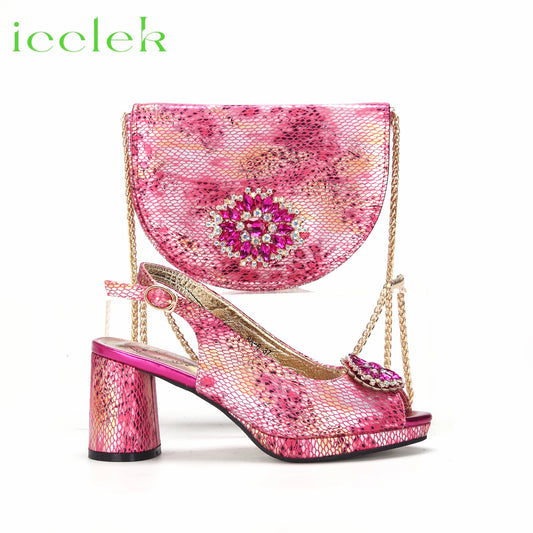 2024 Hot Selling INS Peep Toe Luxury Style  Sandal with Bag Set in Fuchsia Color For Wedding Party Women