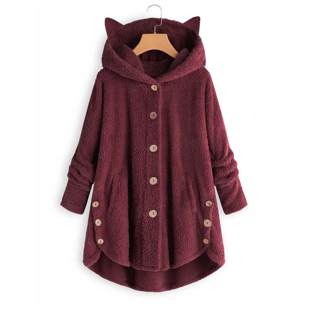 Button Hooded Cat Ear Plush Top Irregular Trendy Brand Solid Color Jacket for Women Feather Coats Parkas Women's Coat Winter Fur