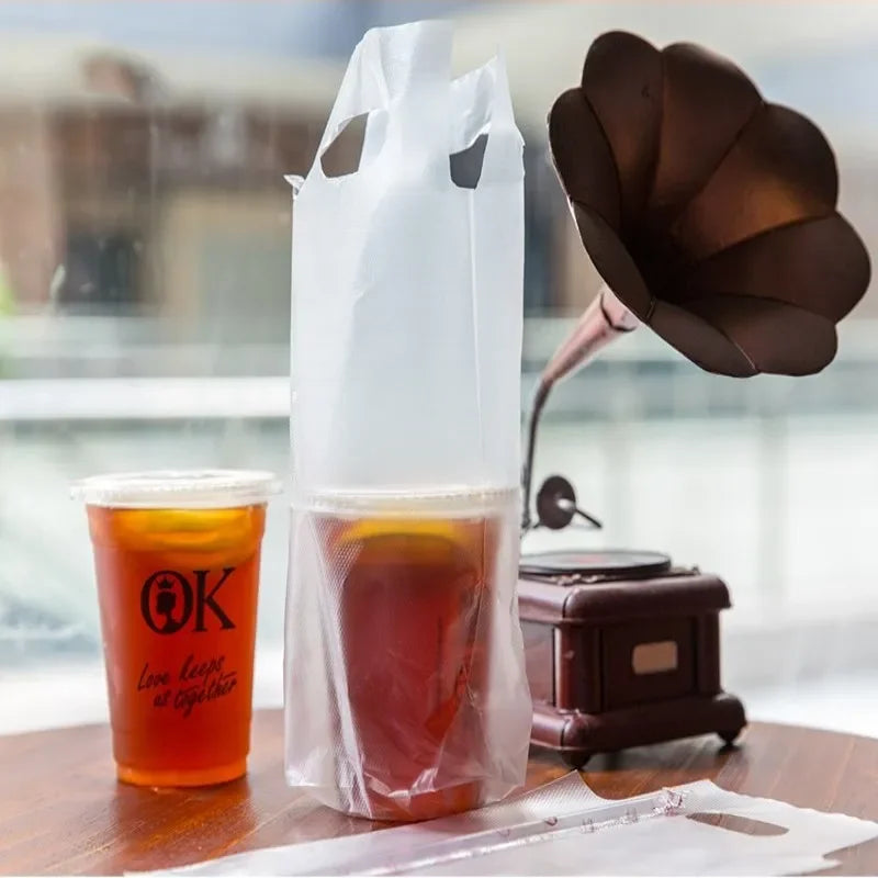 100pcs Handle Bags Coffee Bag Transparent Tote Packaging Pocket Single Double Cup Plastic Shopping Bags Cokes Tea Drink Pouches