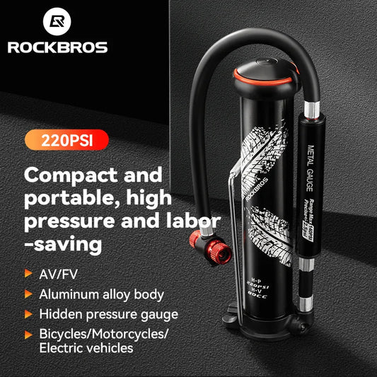 ROCKBROS Mini Bicycle Pump 220PSI Portable Air Pump Schrader Presta AV/FV Gauge Tire Inflator MTB Cycling Road Bike Accessories