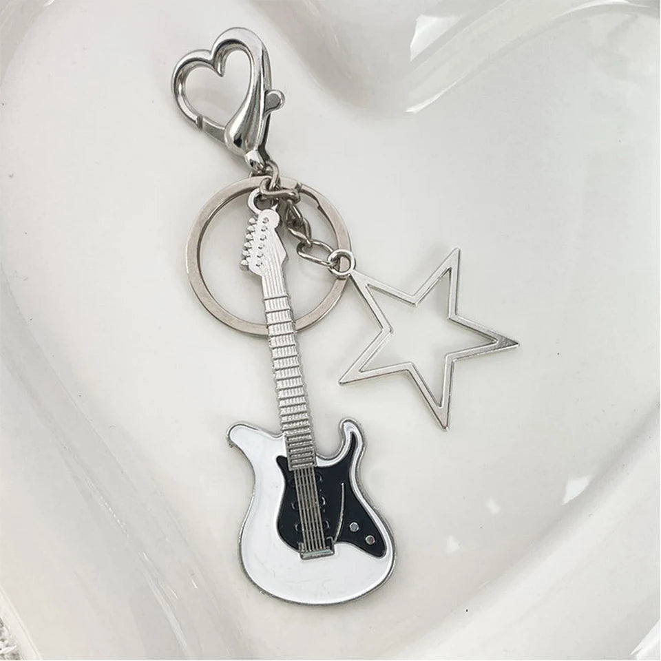 ZAKOL Y2k Guitar Love Heart Key Chain for Men Women Cool Pentagram Pendant Fashion Rock Punk Accessories Gift