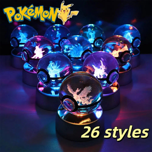 Pokemon Crystal Ball Pikachu Gengar Eevee Mewtwo Lacario Anime Game Pokeball Led Night Light Base Kids Birthday Gift Home Decor