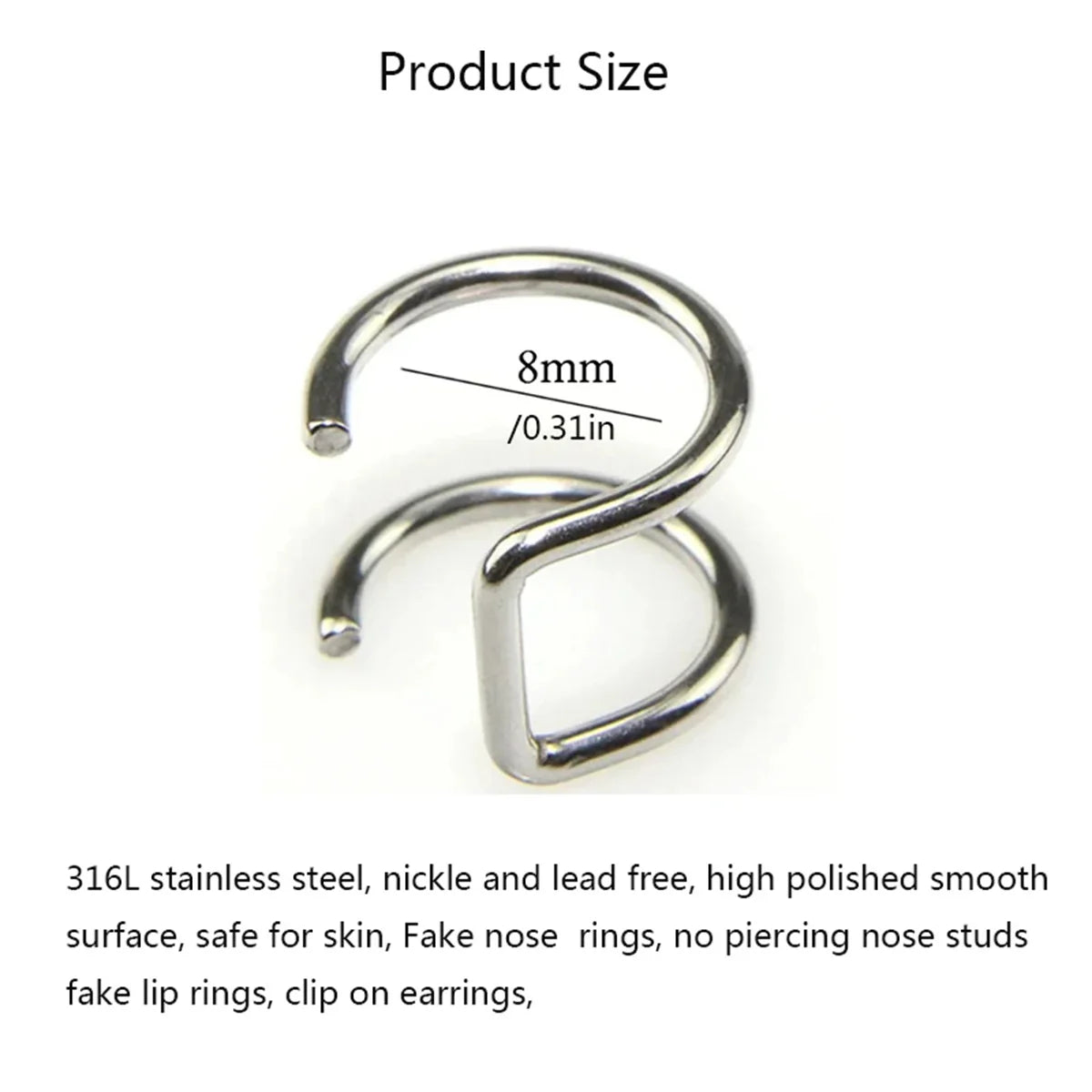 2pcs 316L Stainless Steel Fake Ear Piercing Jewelry for Women Men, Clip on Ear Cuffs Fake Lip Ring Non Piercing Labret Rings