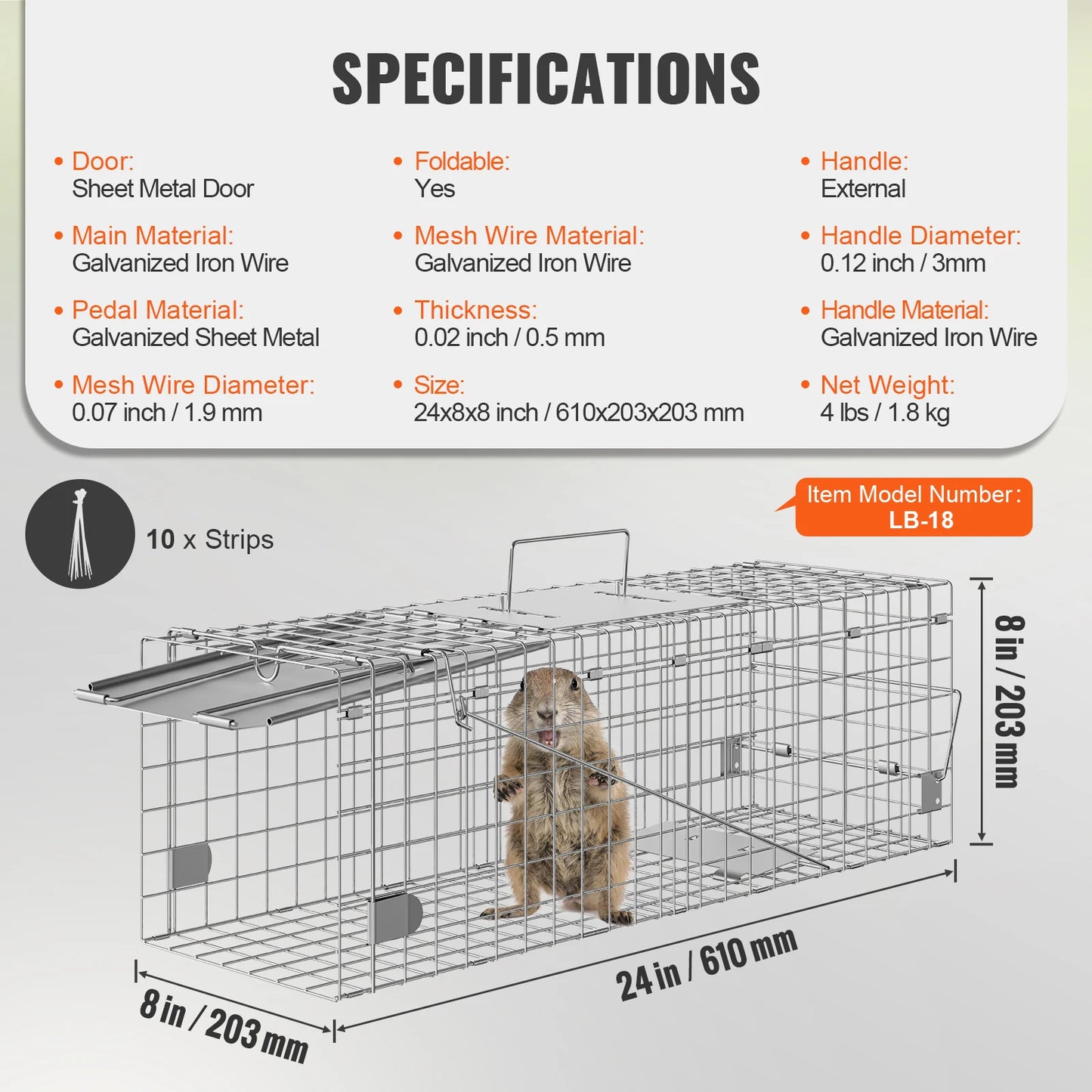 VEVOR 24/31/42/50in Live Animal Cage Trap Folding Humane Cat Trap Galvanized Iron with Handle for Rabbits Squirrels Groundhogs