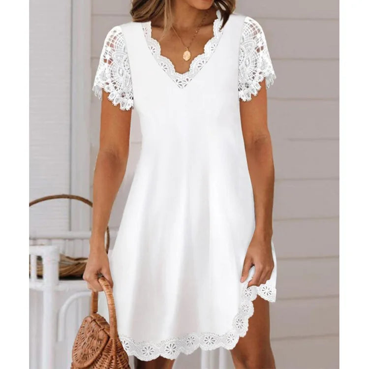 Summer New Solid Color Lace Short Sleeved V-neck Women's Dress Elegant White Loose Fitting A-line Dress Vestidos De Mujer Casual