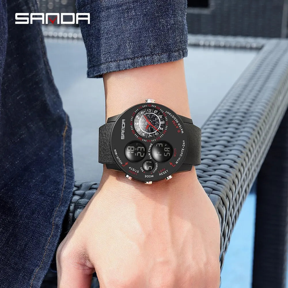 SANDA 2023 Fashion Outdoor Mens Watches Top Brand Military Sports Quartz Watch Dual Display Creative Wristwatch Waterproof Clock