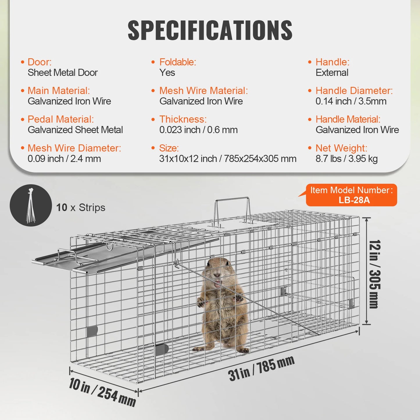 VEVOR 24/31/42/50in Live Animal Cage Trap Folding Humane Cat Trap Galvanized Iron with Handle for Rabbits Squirrels Groundhogs